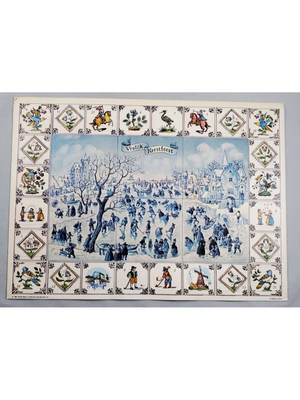 Vintage Dutch Paper Advent Calendar Delft Style Ice Skating Vrolijk Kerstfeest